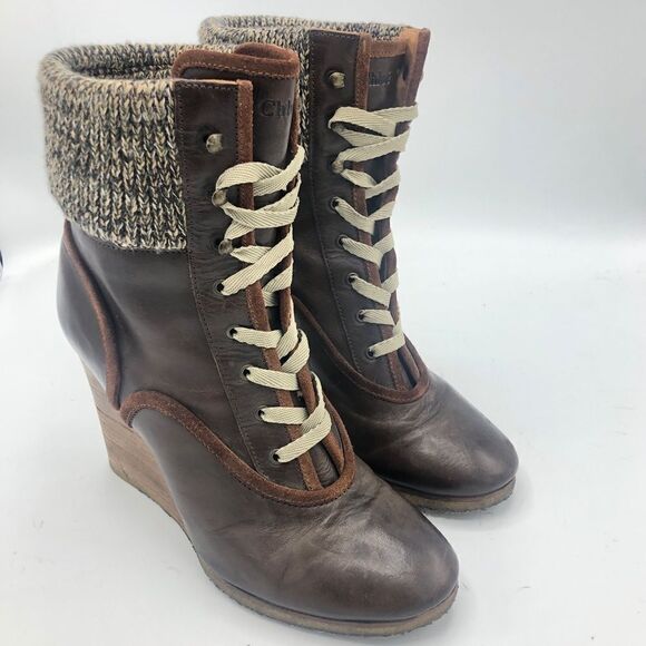 Chloe Leather Wedge Boots Socks Brown Lace Up 38.5 38 1/2 8.5 Winter Fall - Picture 1 of 9